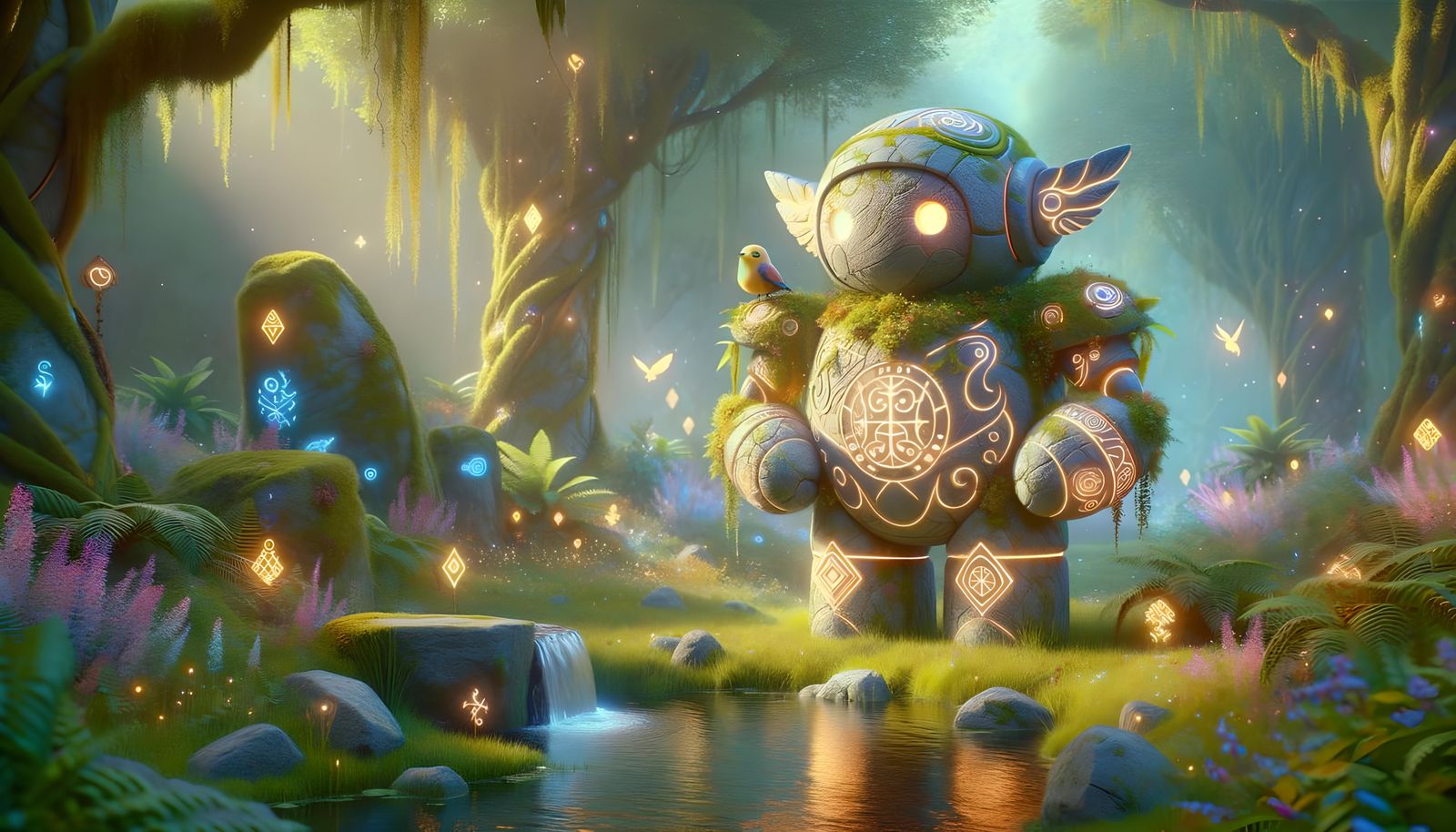 Magical Stone Golem Guardian in Mystical Forest