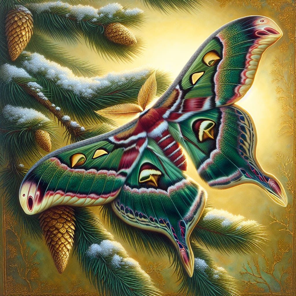 Emerald Christmas Moth Amidst Golden Pine Branch