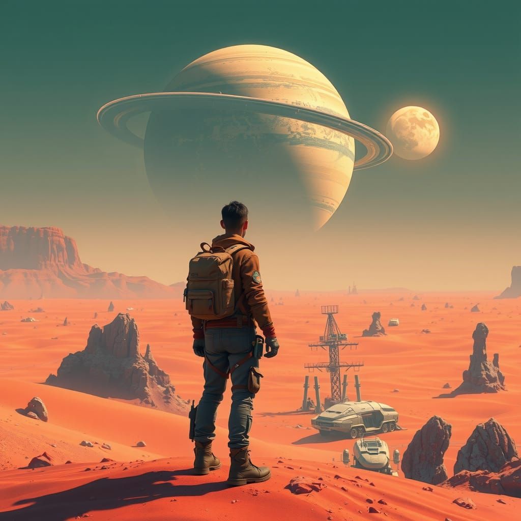 Traveler Gazes at Ringed Planet in Alien Desert