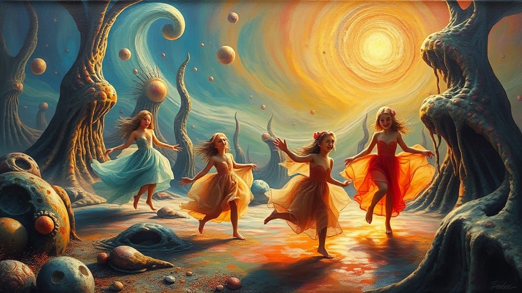 Dreamlike Landscape with Joyful Girls in Bosch Style