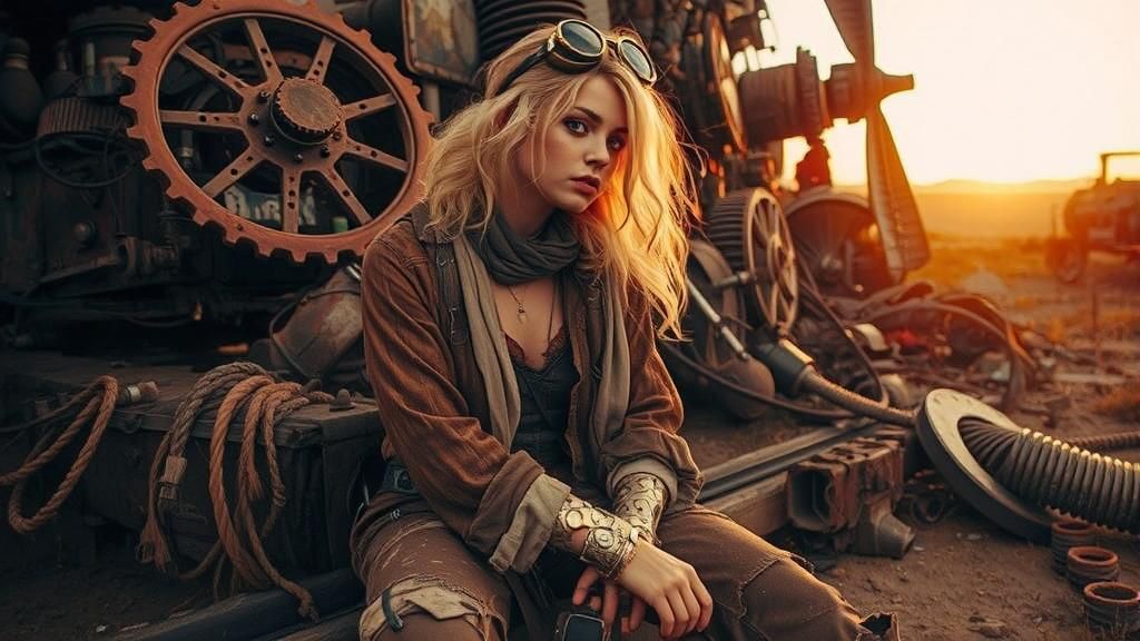 Steampunk Pilot Castaway at Sunset