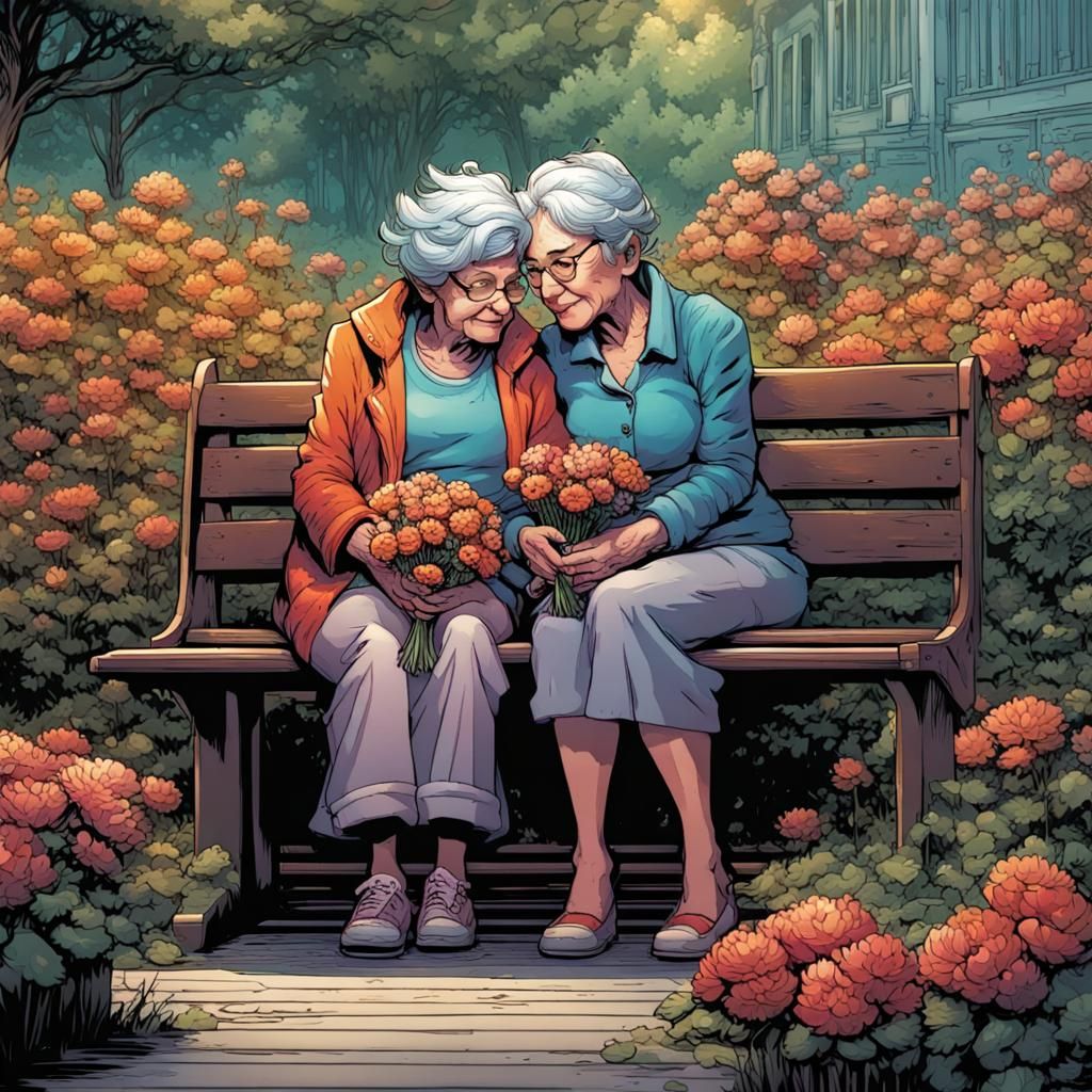 Grandmother and Granddaughter with Flowers in Comic Book Art