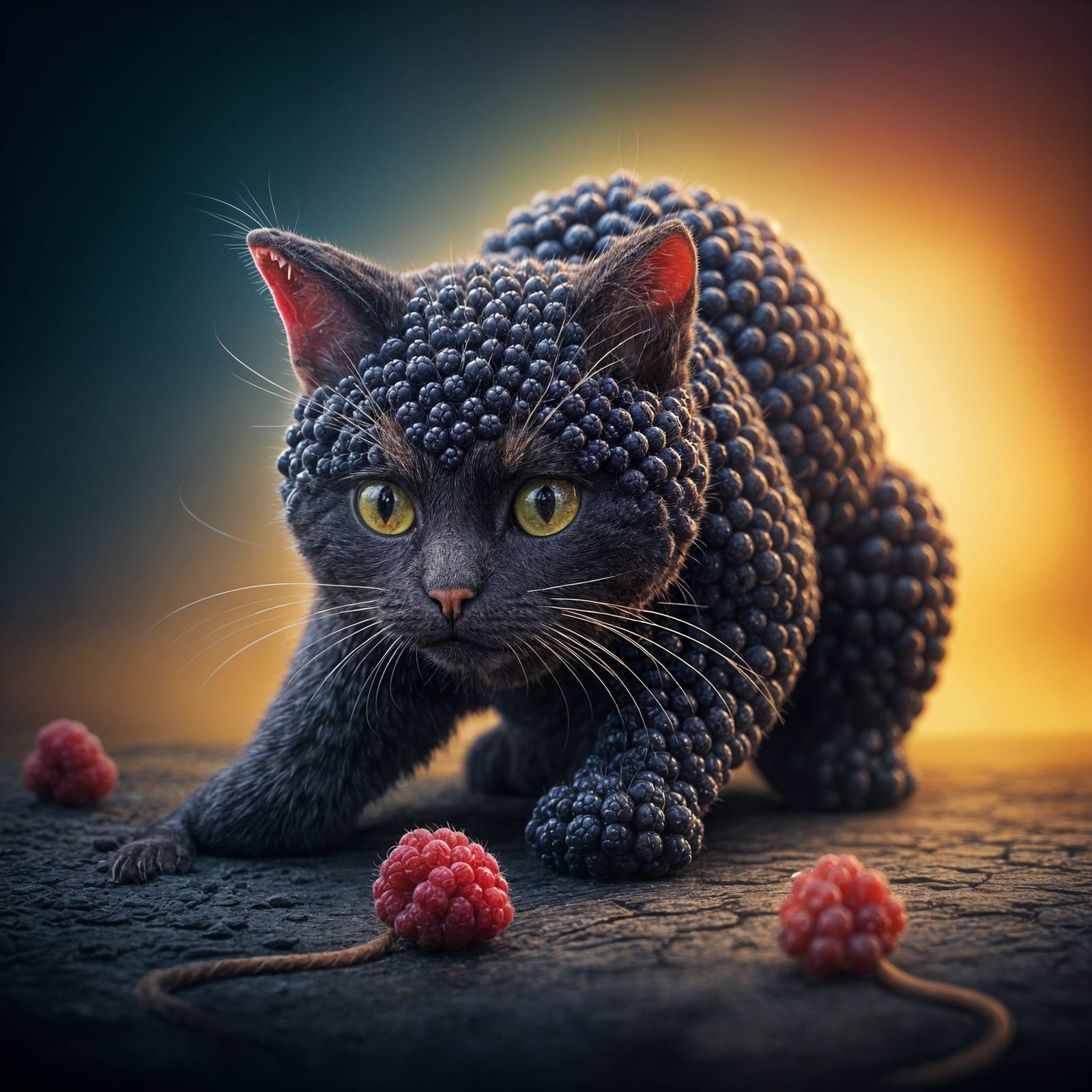 Whimsical Blackberry Cat in Splash Art Style Hunts Raspberry...