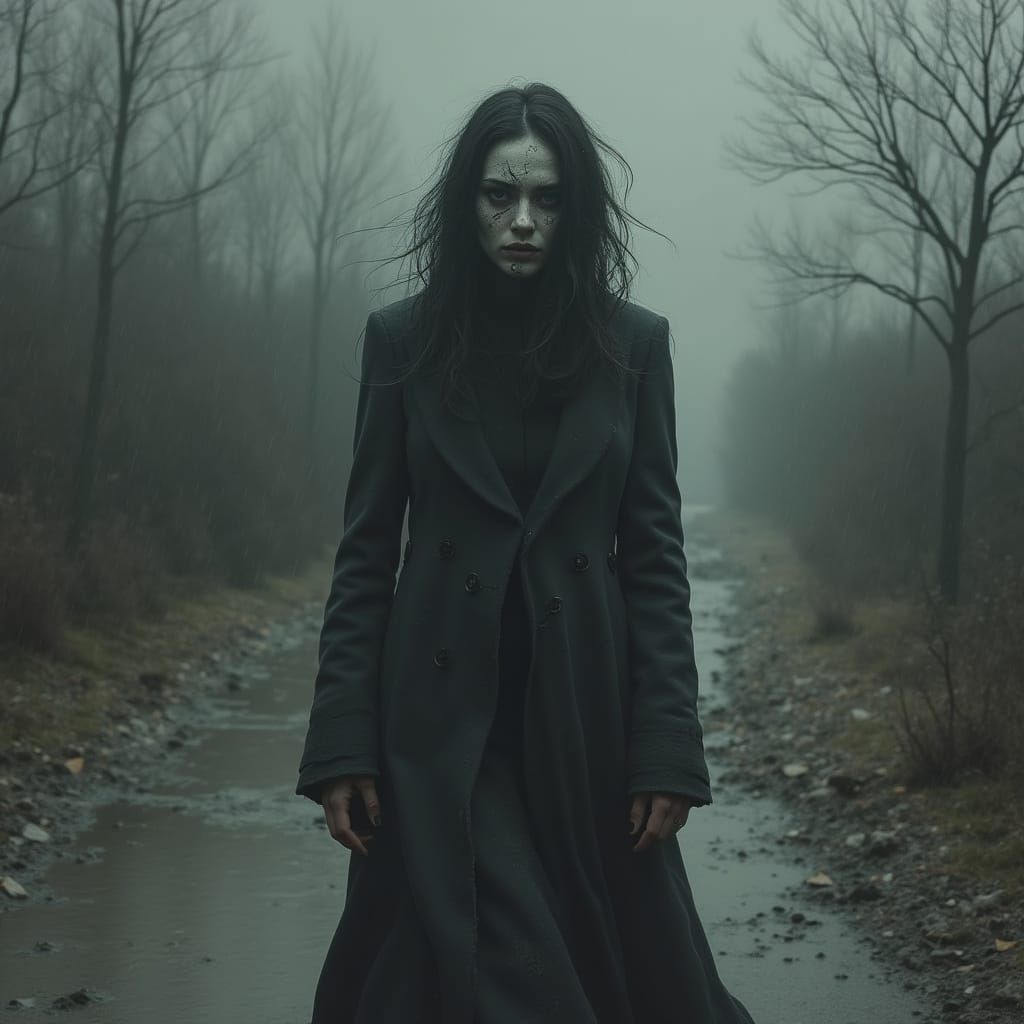 Depressed Woman with Smiling Mask in Horror Style