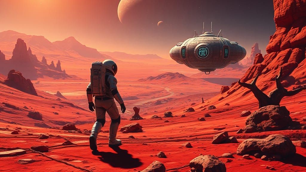 Astronaut on Crimson Planet in Visionary Sci-Fi Style