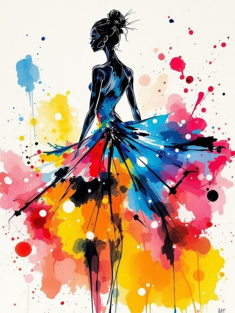 Elegant Ballerina with Watercolor Skirt Fashion Illustration