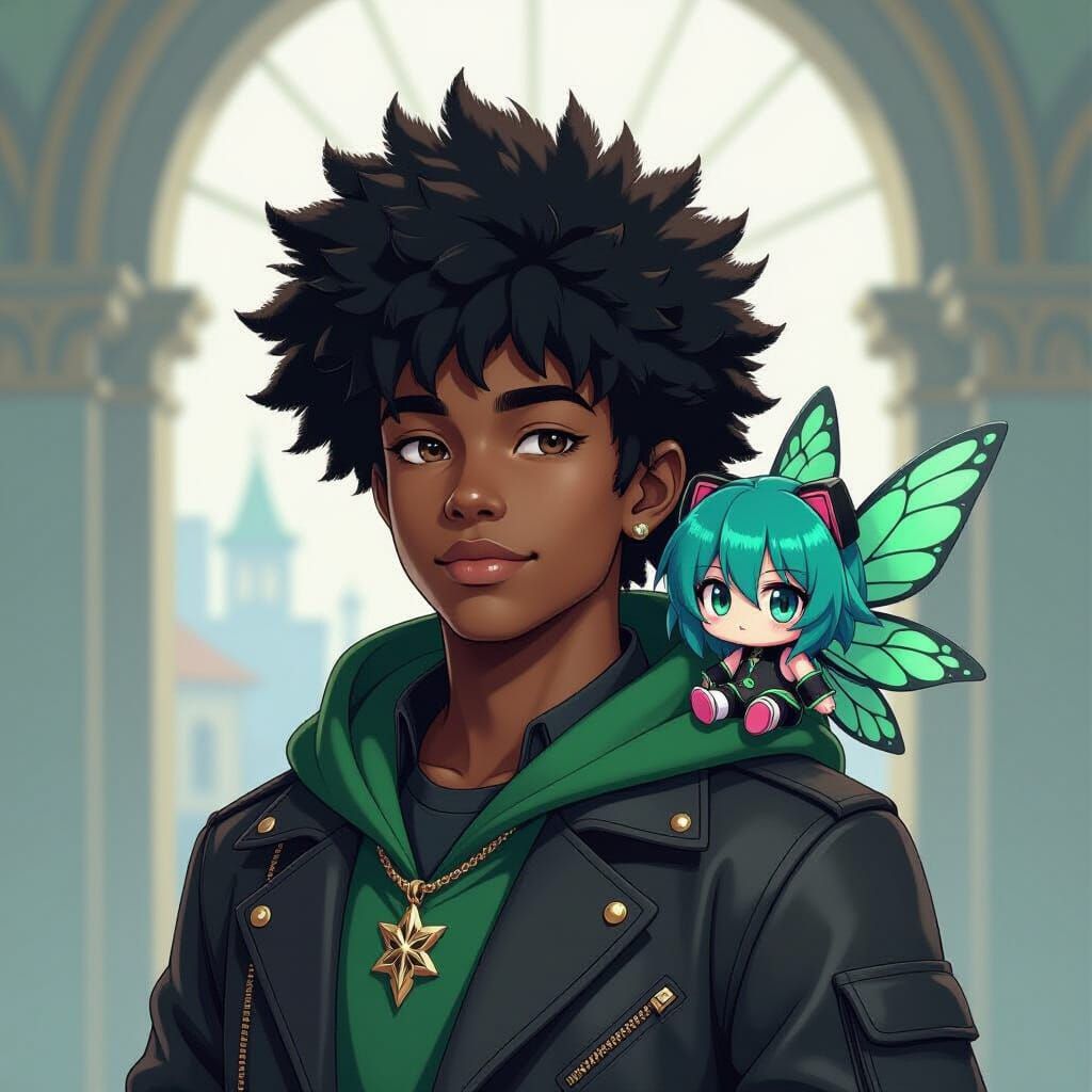 African American College Boy in Final Fantasy Attire with Mi...