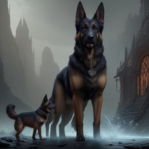 German Shepherd Family in Detailed Matte Painting