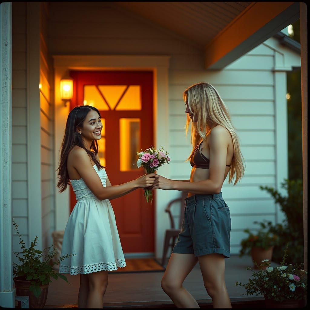 Young Woman Hands Bouquet to Androgynous Man in Warm Cinemat...