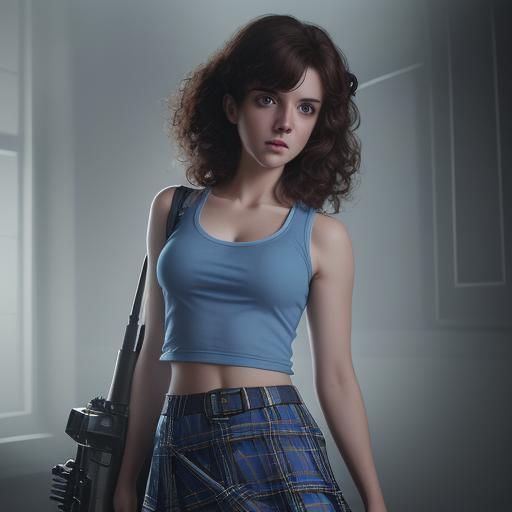 Hyperrealistic Female Ghostbuster in Plaid Skirt