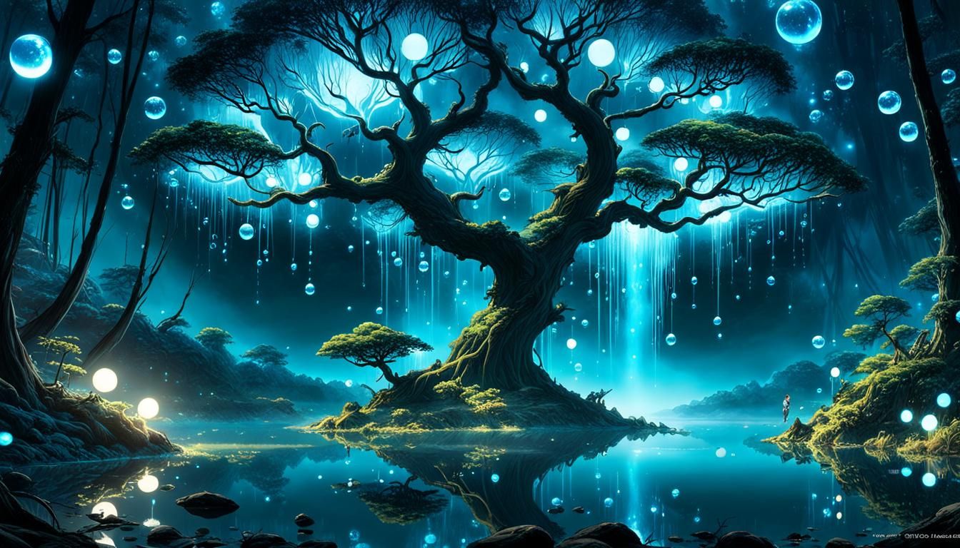 Bioluminescent Tree Over Magical Lake in Fairy Forest