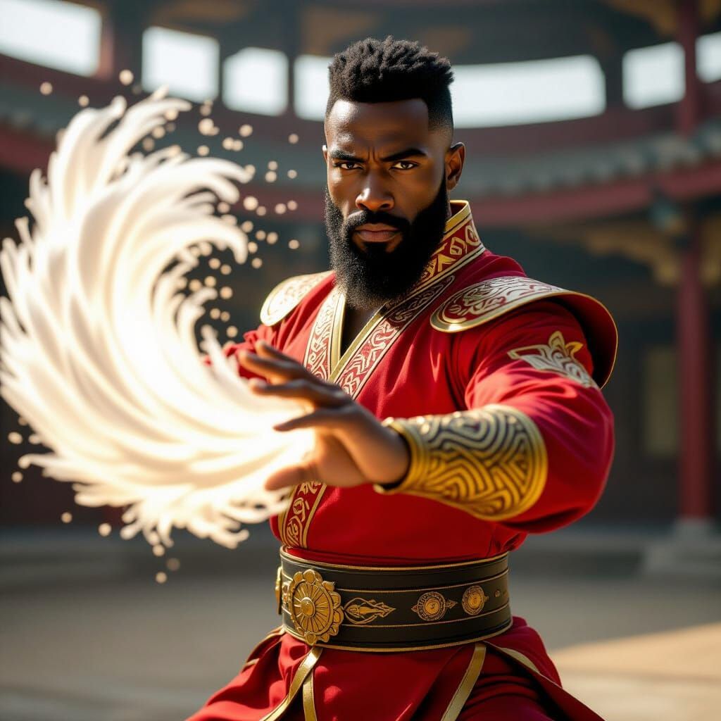 Realistic Black Man Airbending Wind in Training Ground