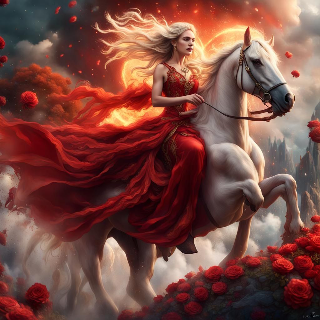 Woman Rides Mythical Creature in Fantasy Landscape