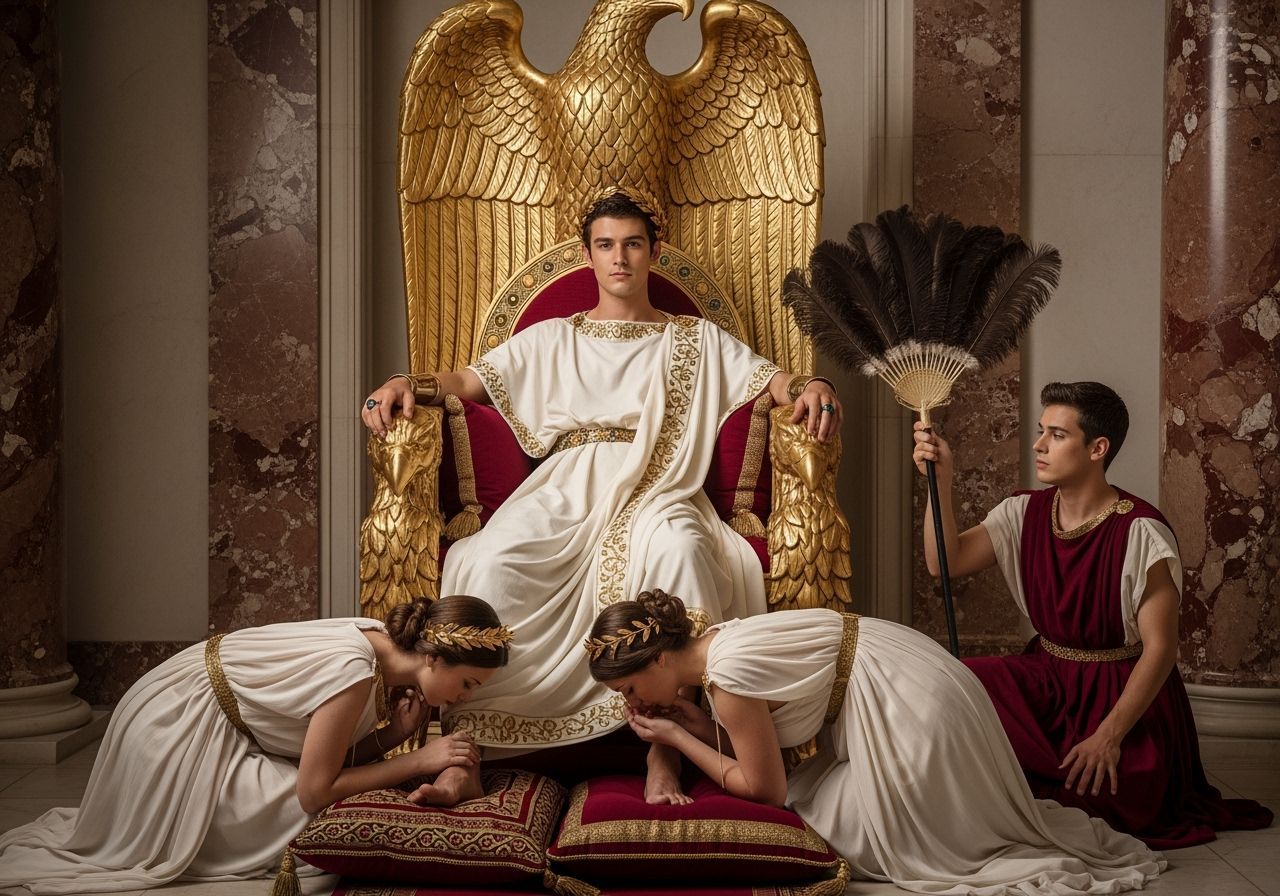 Young Roman Emperor on Eagle Throne in Palace