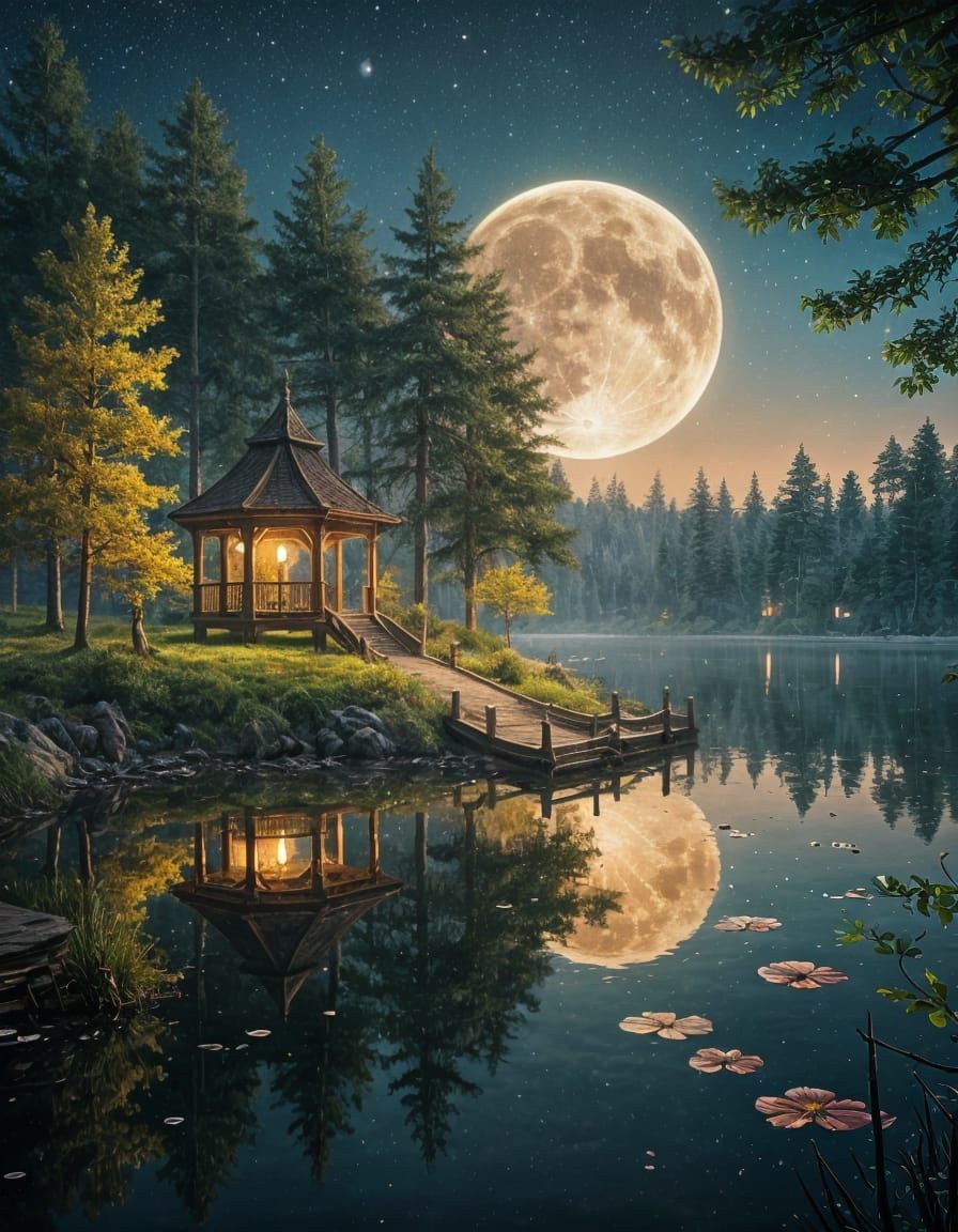 Glowing Moon Over Misty Lake: Fantasy Realism
