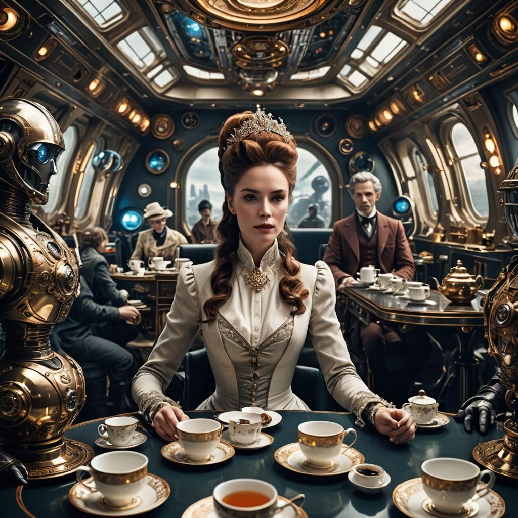 Victorian Character in Futuristic Spaceship, Hyperrealistic