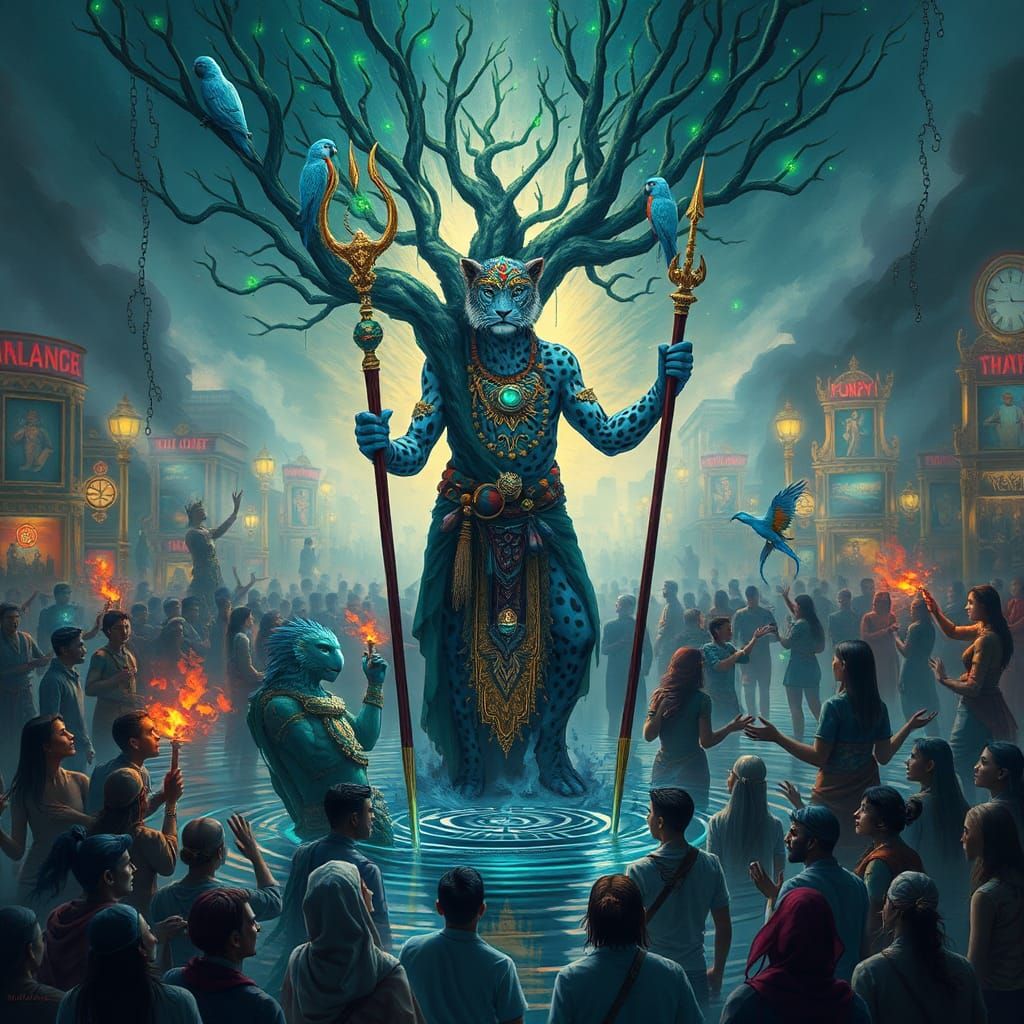 Blue Leopard Shaman in Flooded City: Digital Art