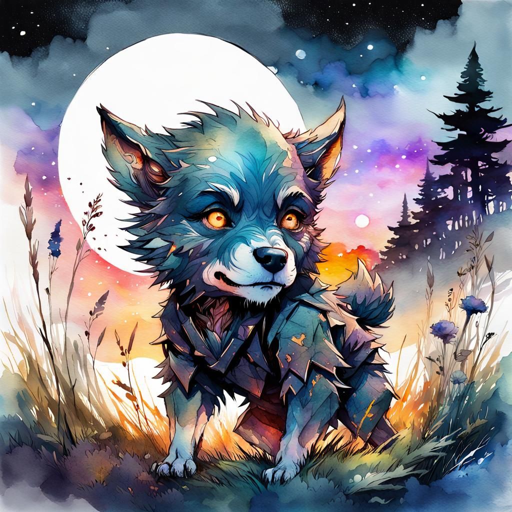 Cute Chibi Werewolf in Meadow, Digital Watercolor
