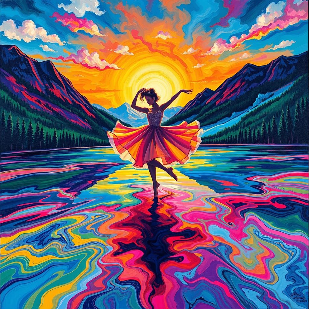 Ballerina in Vibrant, Surreal Landscape