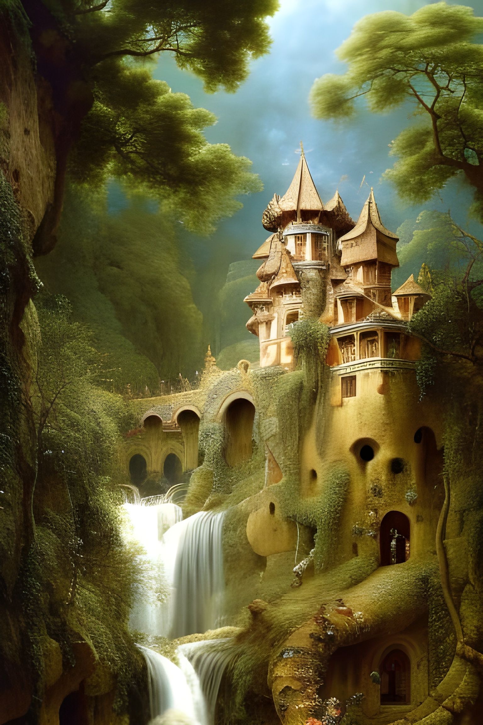 Medieval Village Embraced by Jungle, Oil Painting