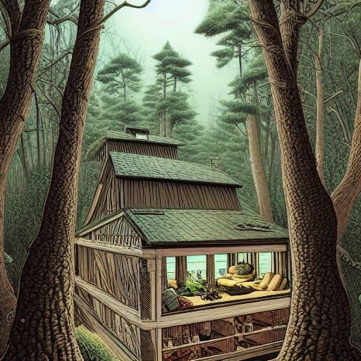 Bedroom Made of Trees in Comic Book Art Style