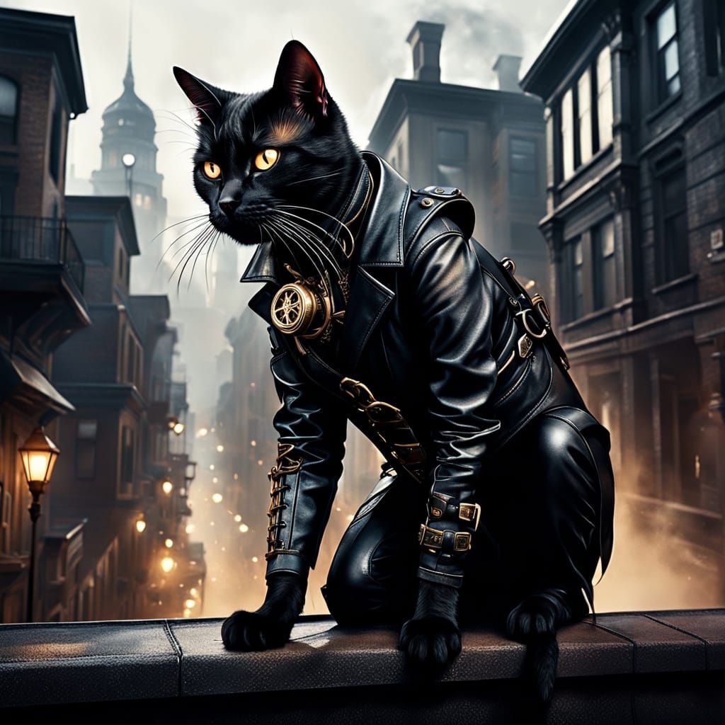 Steampunk Cat Burglar in Leather Suit Crawls City Streets