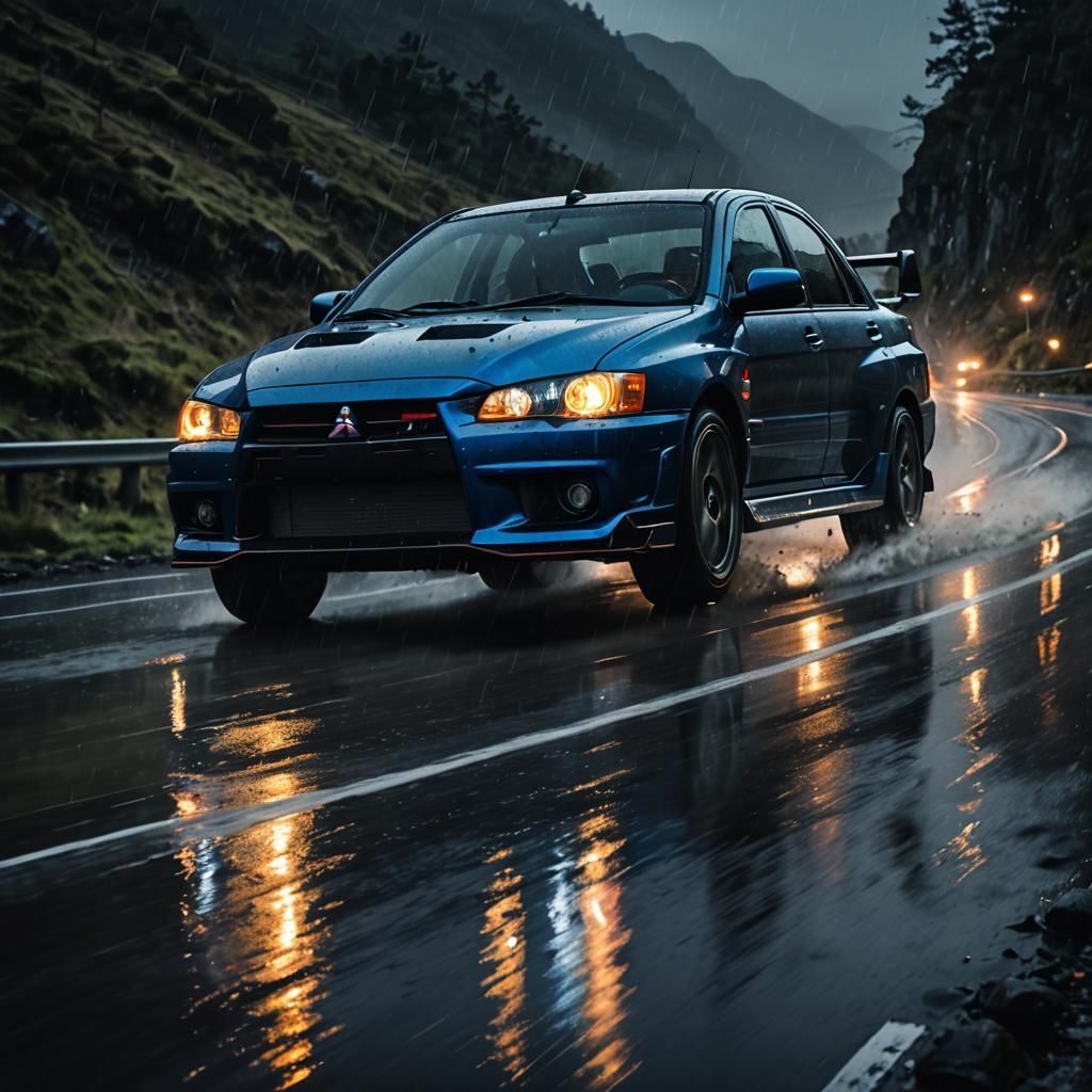 Mitsubishi Lancer Evo 6 on Wet Mountain Road