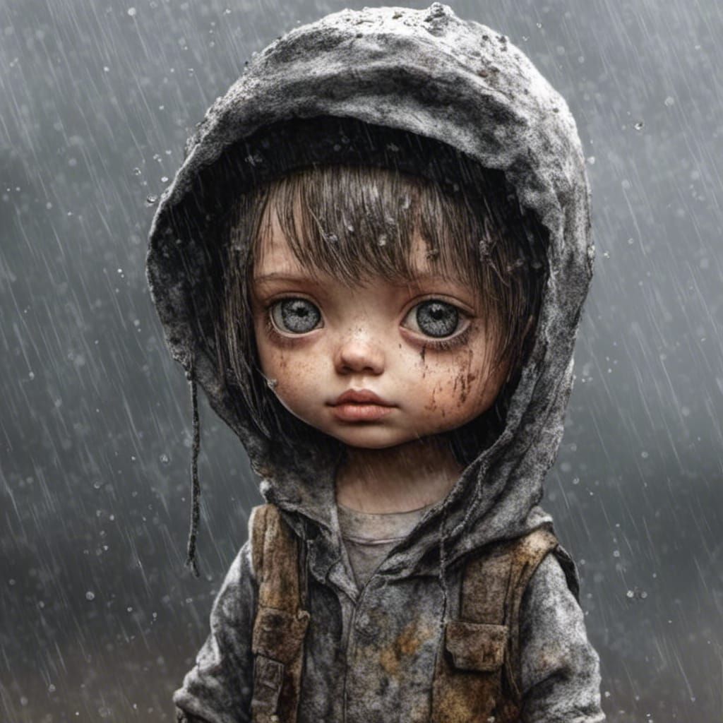 Chibi Character in Rainy Thunderstorm, Detailed Art