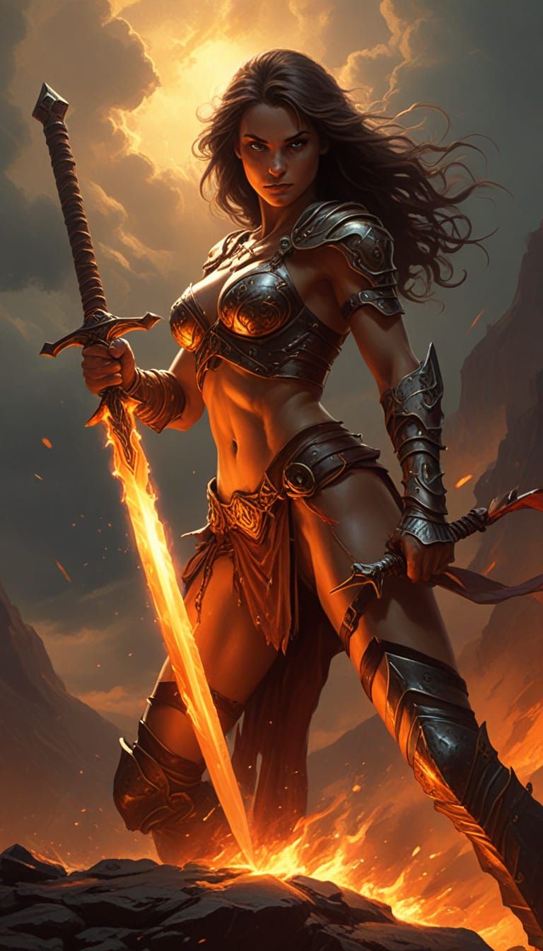 Fierce Warrior with Flaming Sword: Epic Fantasy Art