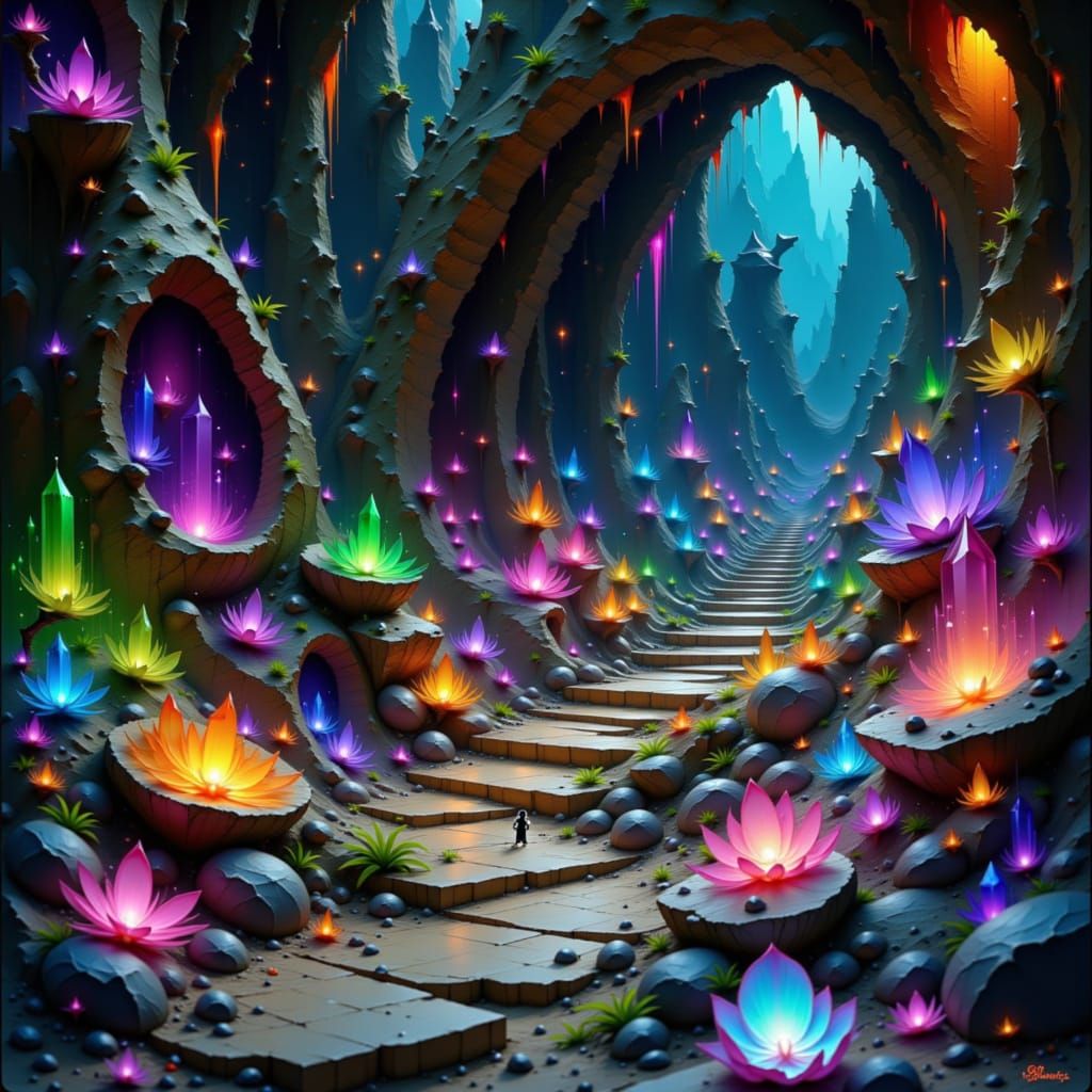 Bioluminescent Crystal Cavern with Dragon and Raptors