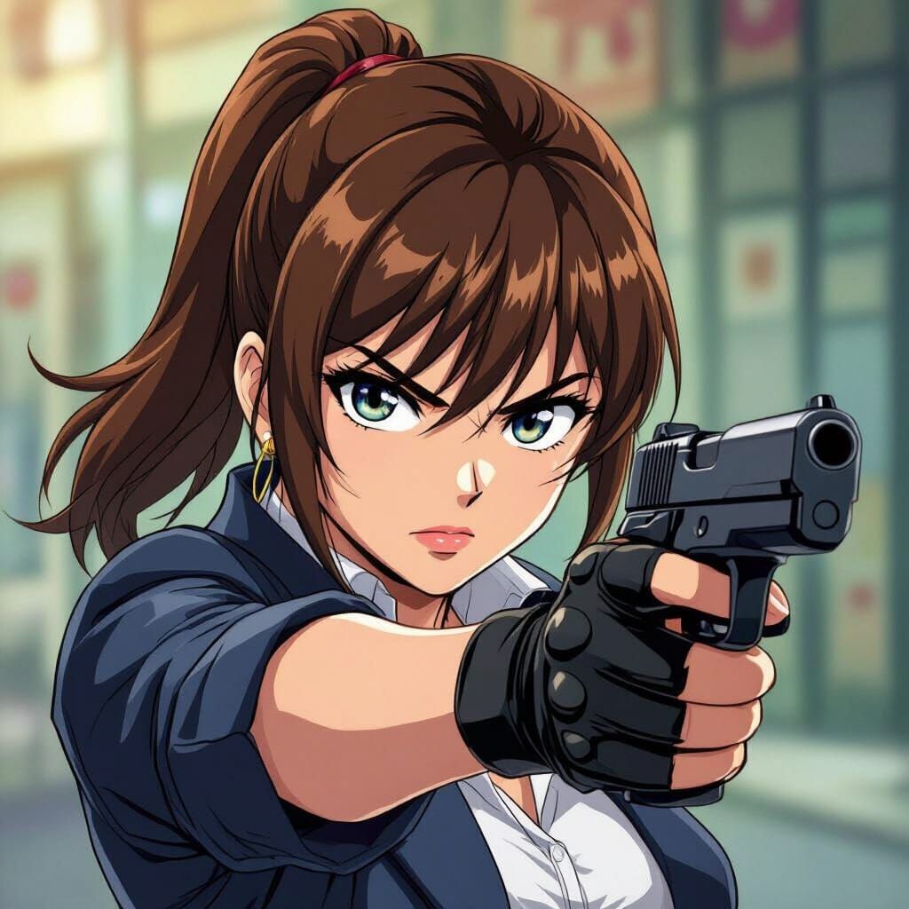 Anime Spy Woman with Gun in Dynamic Action Pose