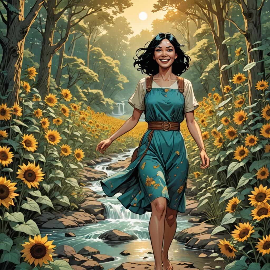Girl Running Through a Sunflower Forest in Comic Art Style