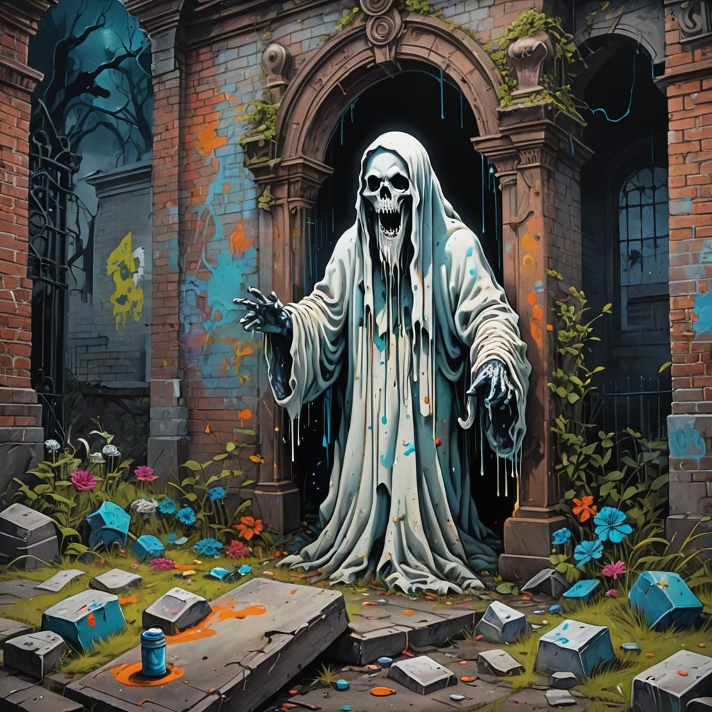 Ghost Emerges from Grave in Graffiti Art Style