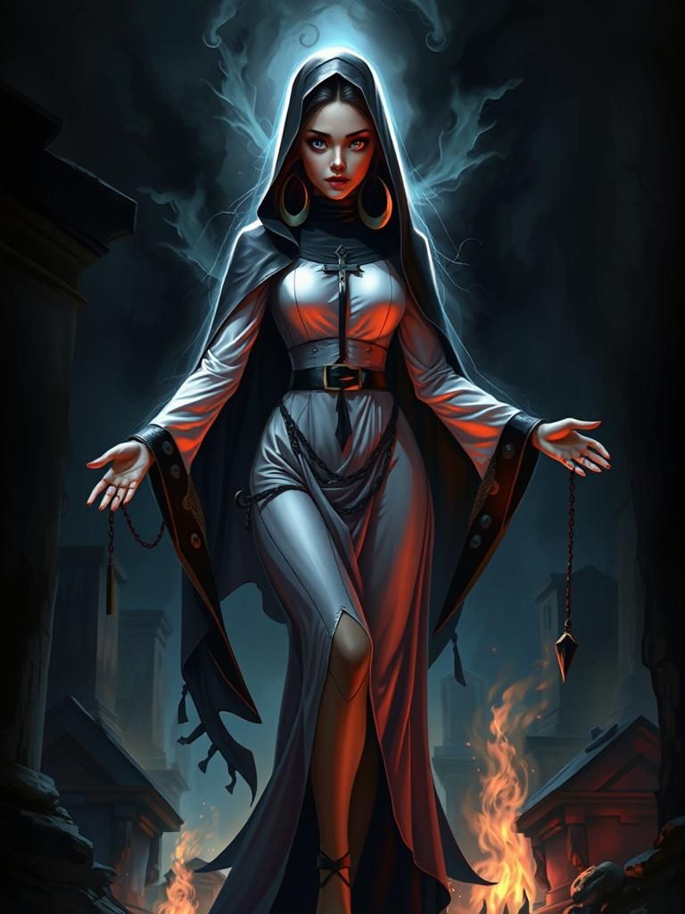 Humorous Nun in Cemetery: Digital Illustration