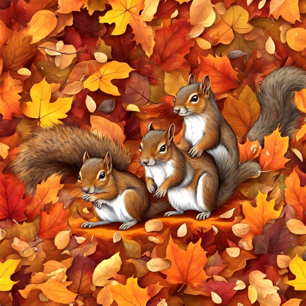 Cute Squirrels Play Tag In Autumn Leaves
