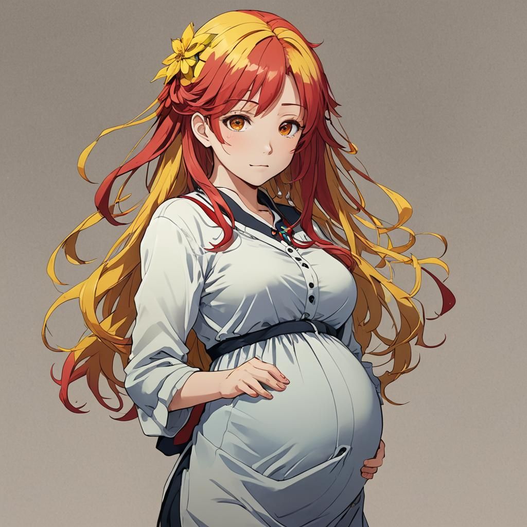 Anime Style Pregnant Woman with Vibrant Hair