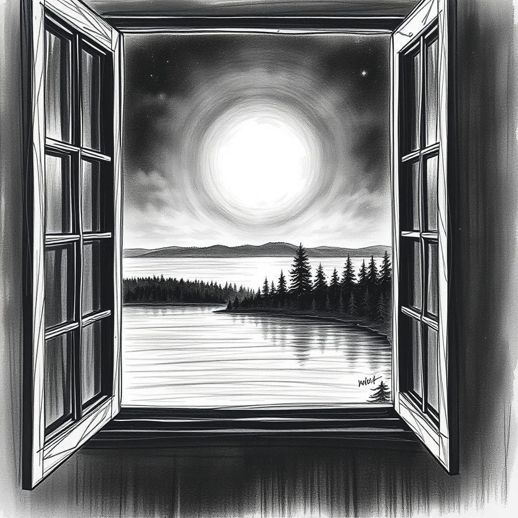 Dramatic Black and White Sketch Art of a Northern Lake at Ni...