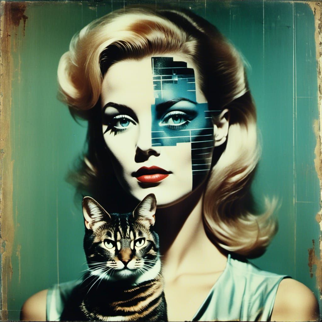 Woman with Cat Head in Antique Style