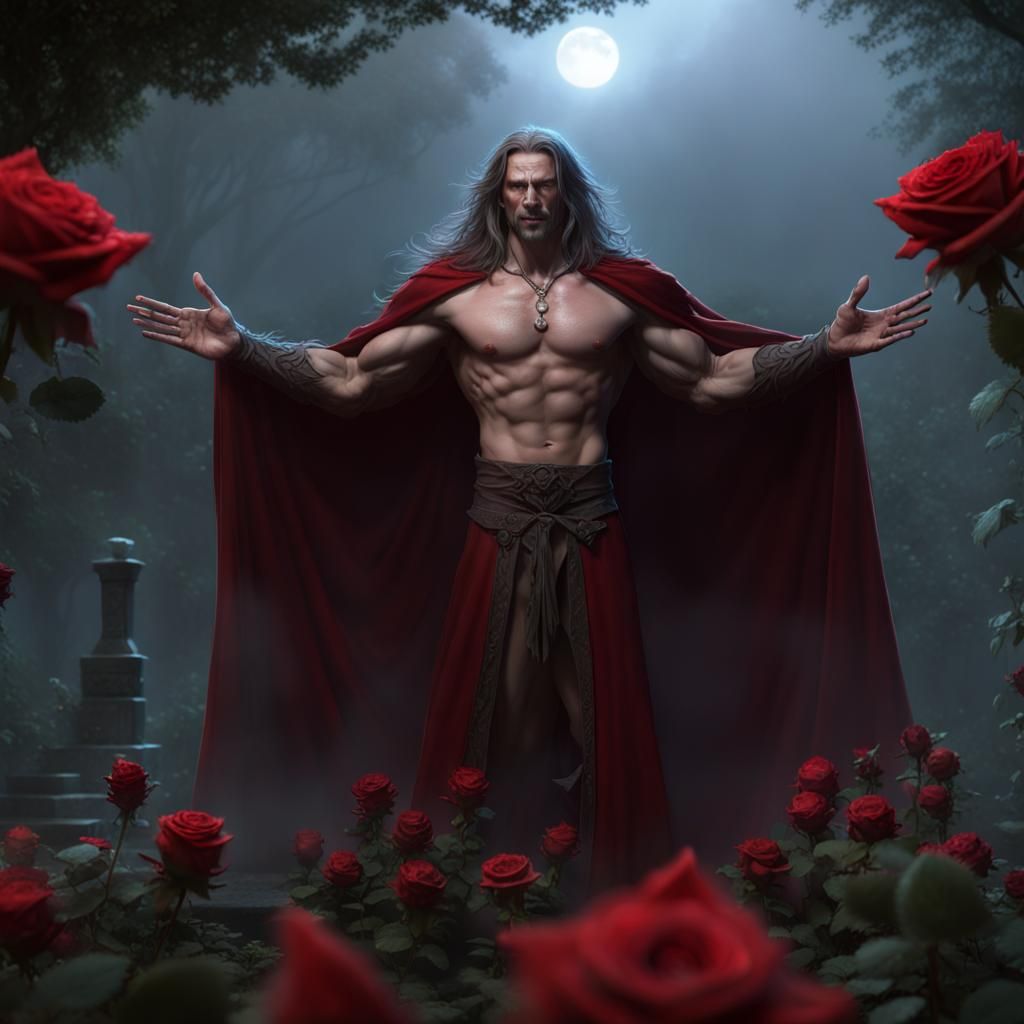 Elf Druid in Red Rose Garden, Dark Fantasy Art