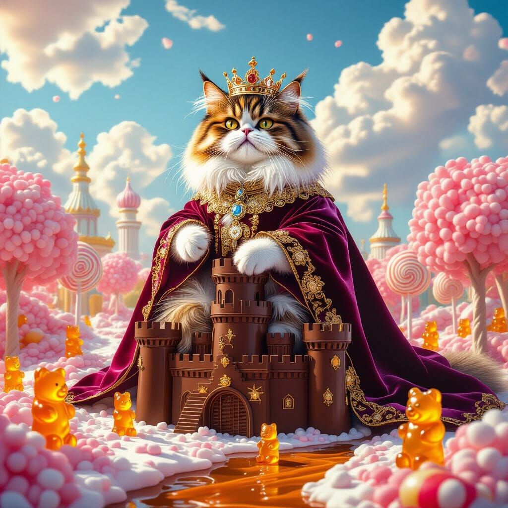 Persian Cat King in Candy Kingdom, Hyperrealistic Digital Ar...
