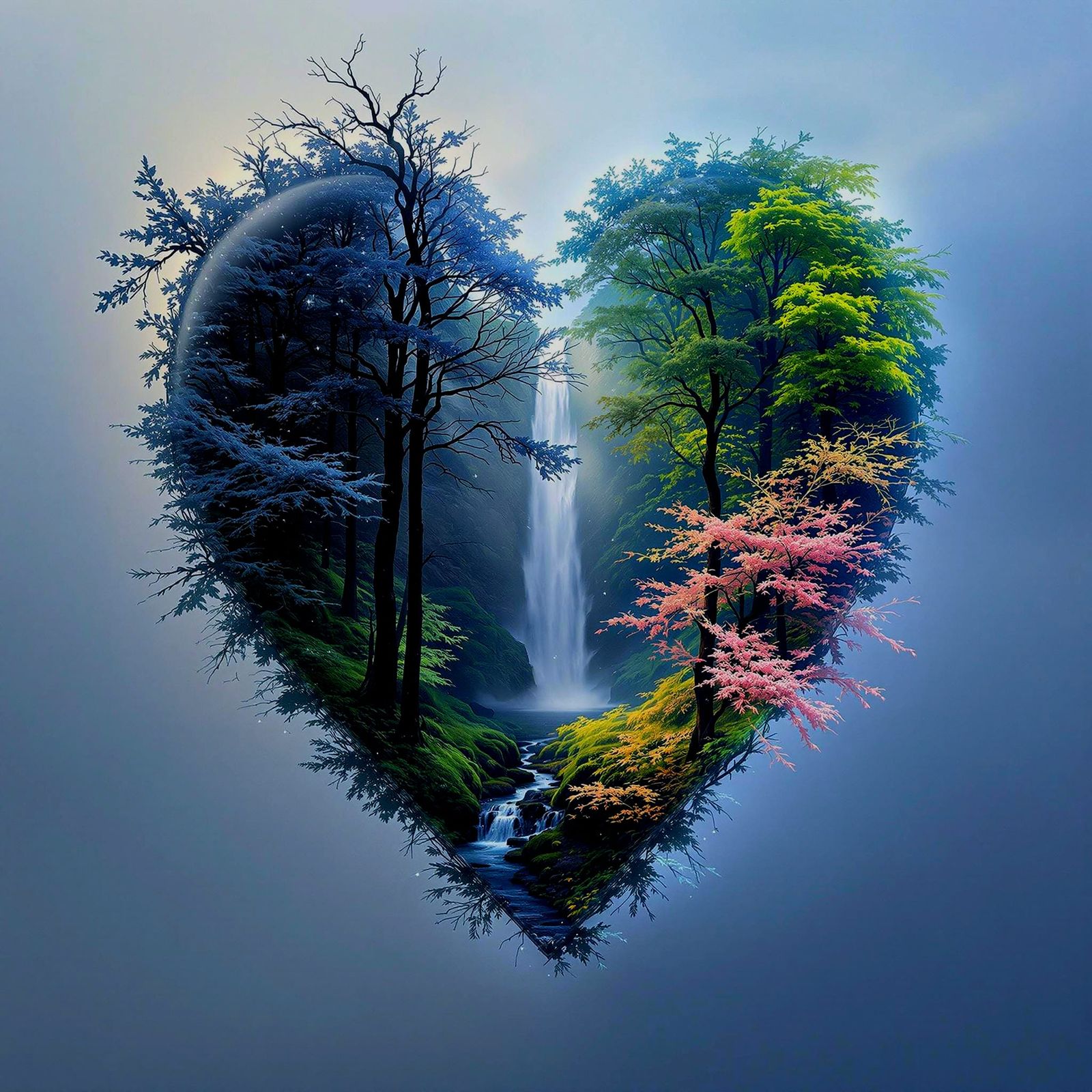 Surreal Heart in Winter Woods vs Spring Landscape, Photoreal...