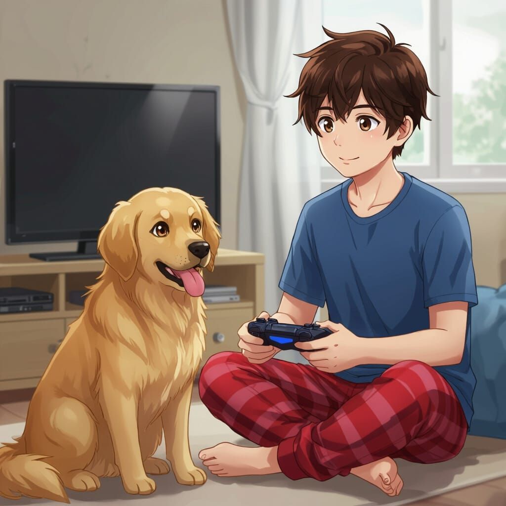 Anime Boy Gamer with Golden Retriever in Pajamas
