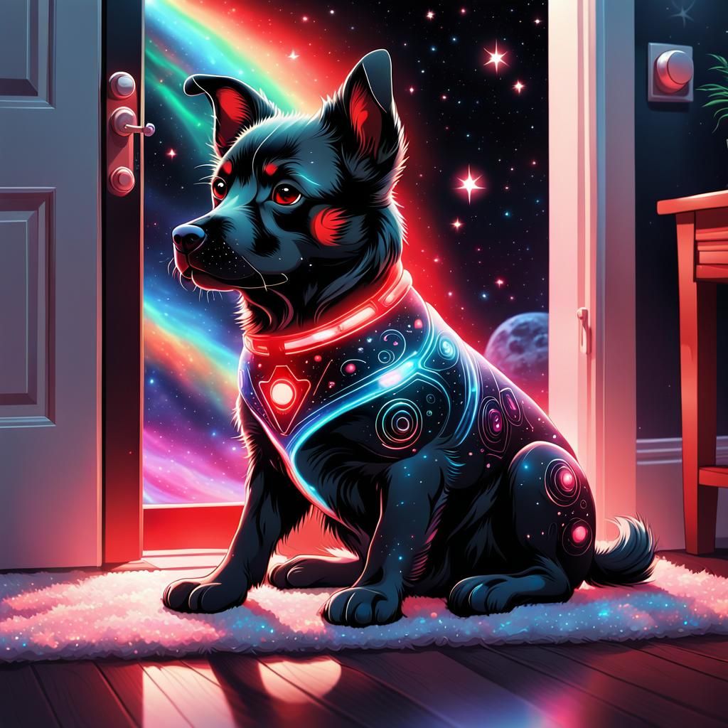 " super cute little black and white red dog chibi lies near ...