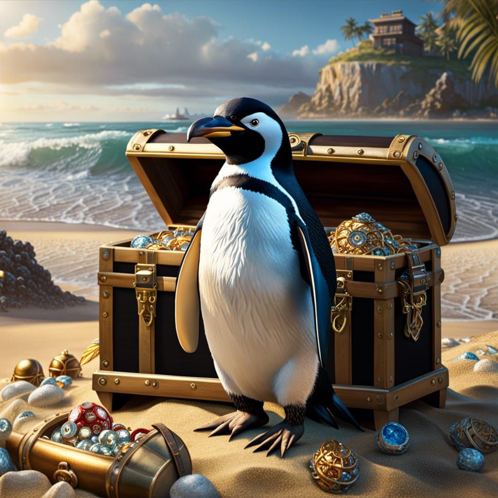 Penguin Pirate with Treasure Chest on Sandy Beach