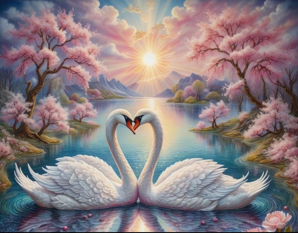 Embroidered Swans Form Heart in Spring Landscape