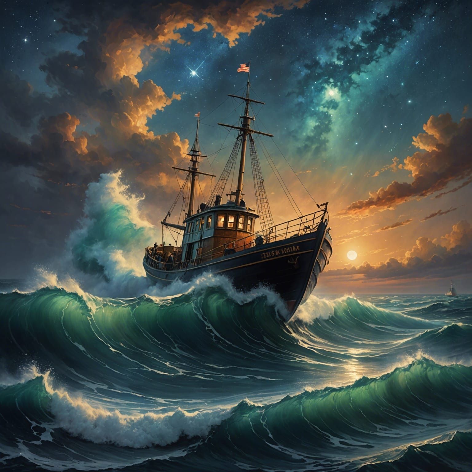 Fishing Boat Navigates High Waves in Oil Painting