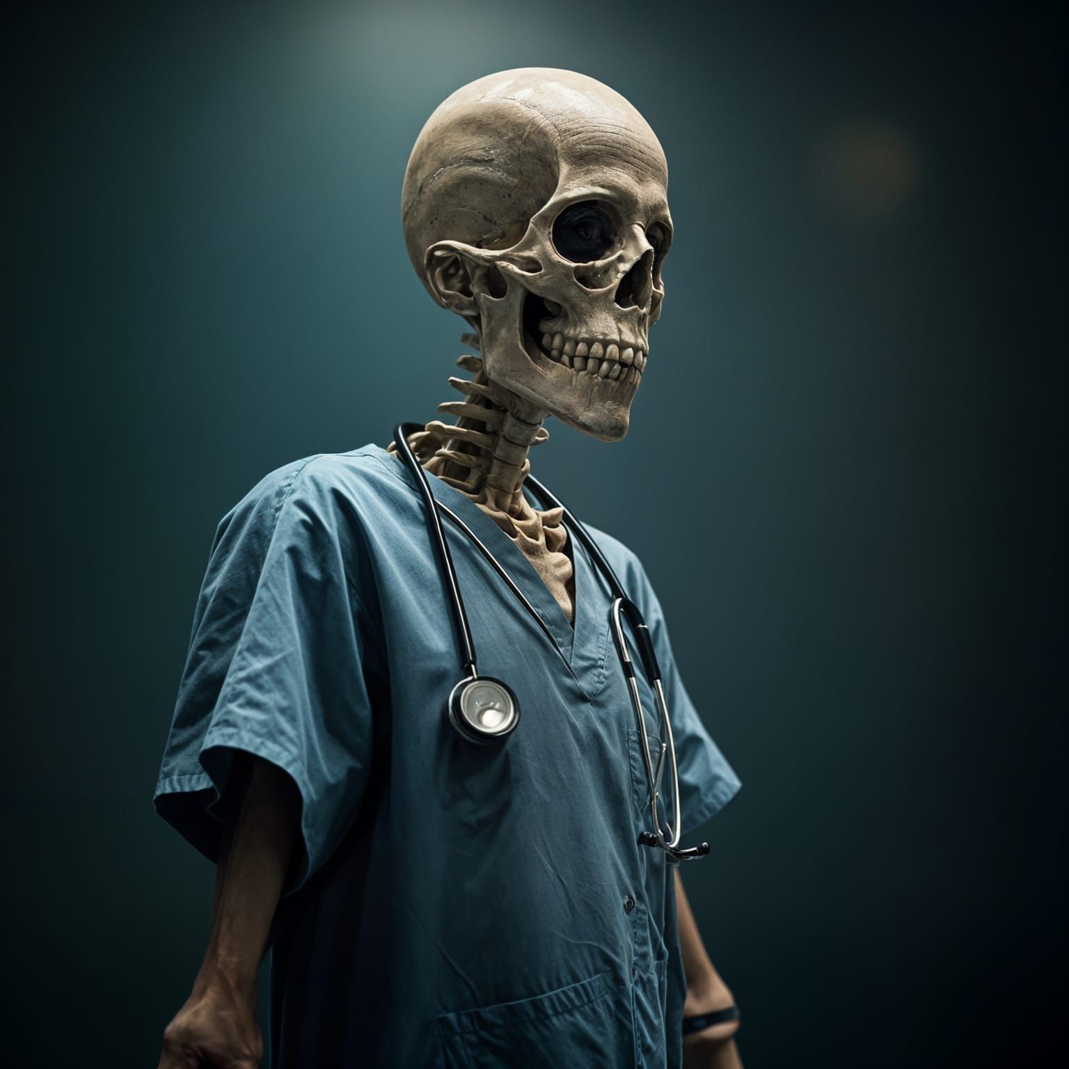 Skeleton Doctor in Scrubs: Cinematic Film Still