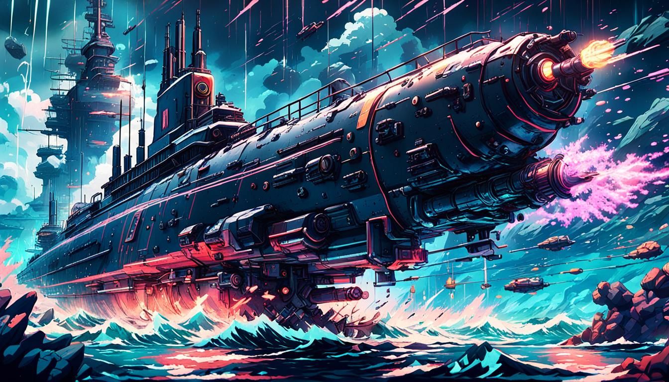 Cyberpunk Submarine Torpedo Launch in Anime Style