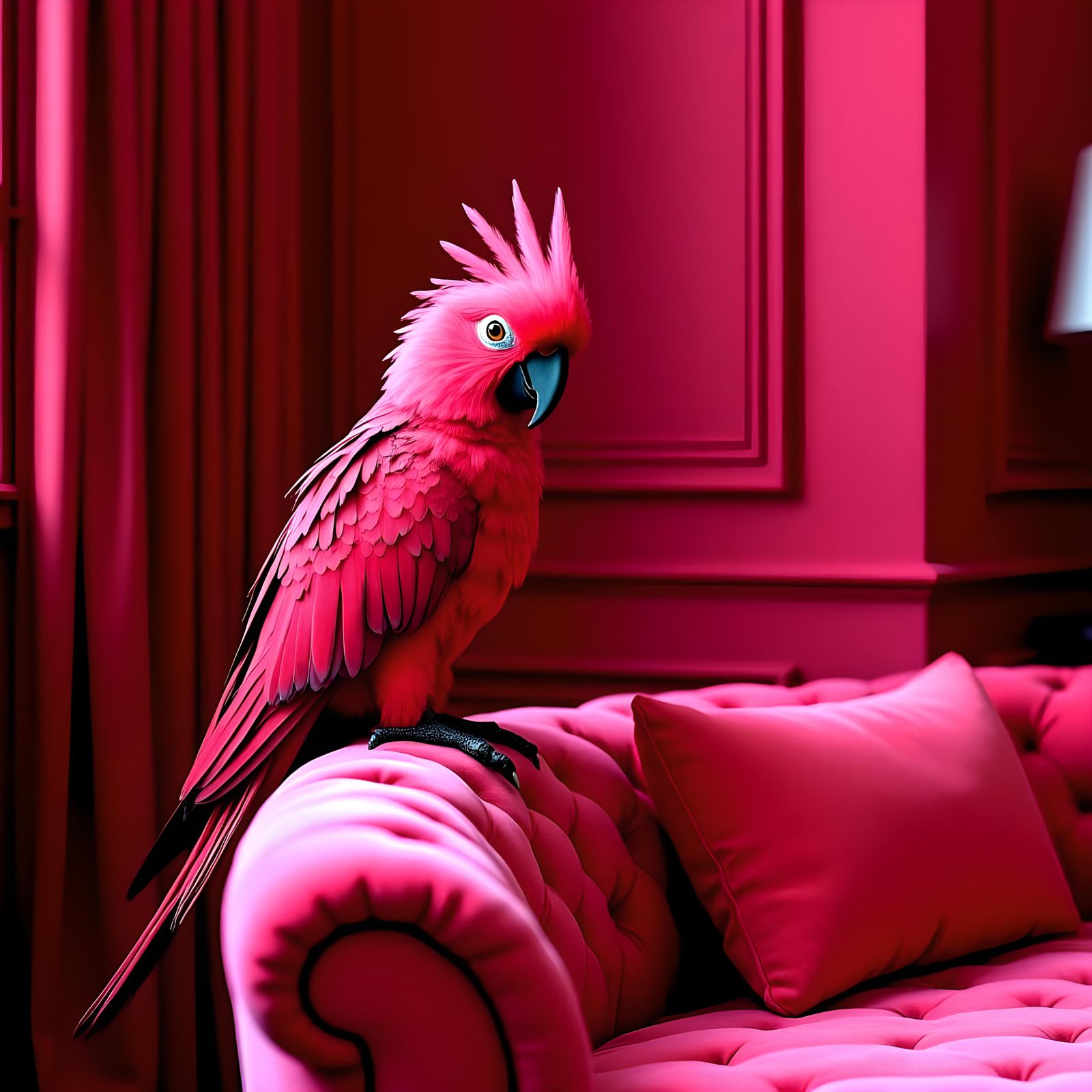 Hyperrealistic Pink Parrot in Magenta House