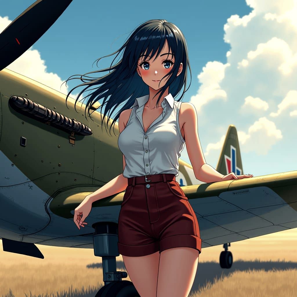 Anime Woman with Spitfire on Airfield, Cel-Shaded Art